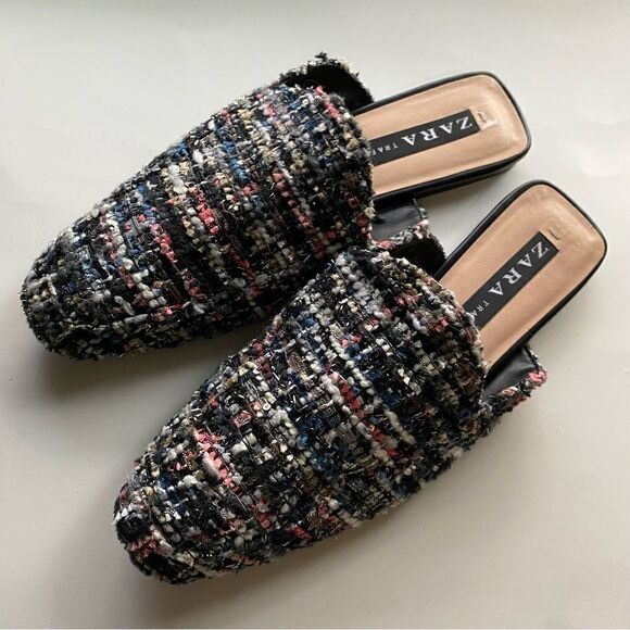 Zara Shoes Boucle Tweed Mules Slip On Flats black pink 36/US 6 - Picture 1 of 7